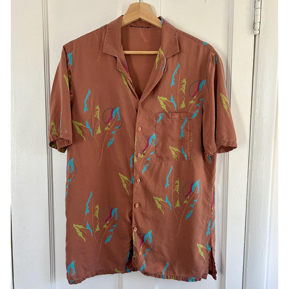 Funky Vintage 90s Brown Hawaiian Shirt Large | Silk Blend Aloha Top